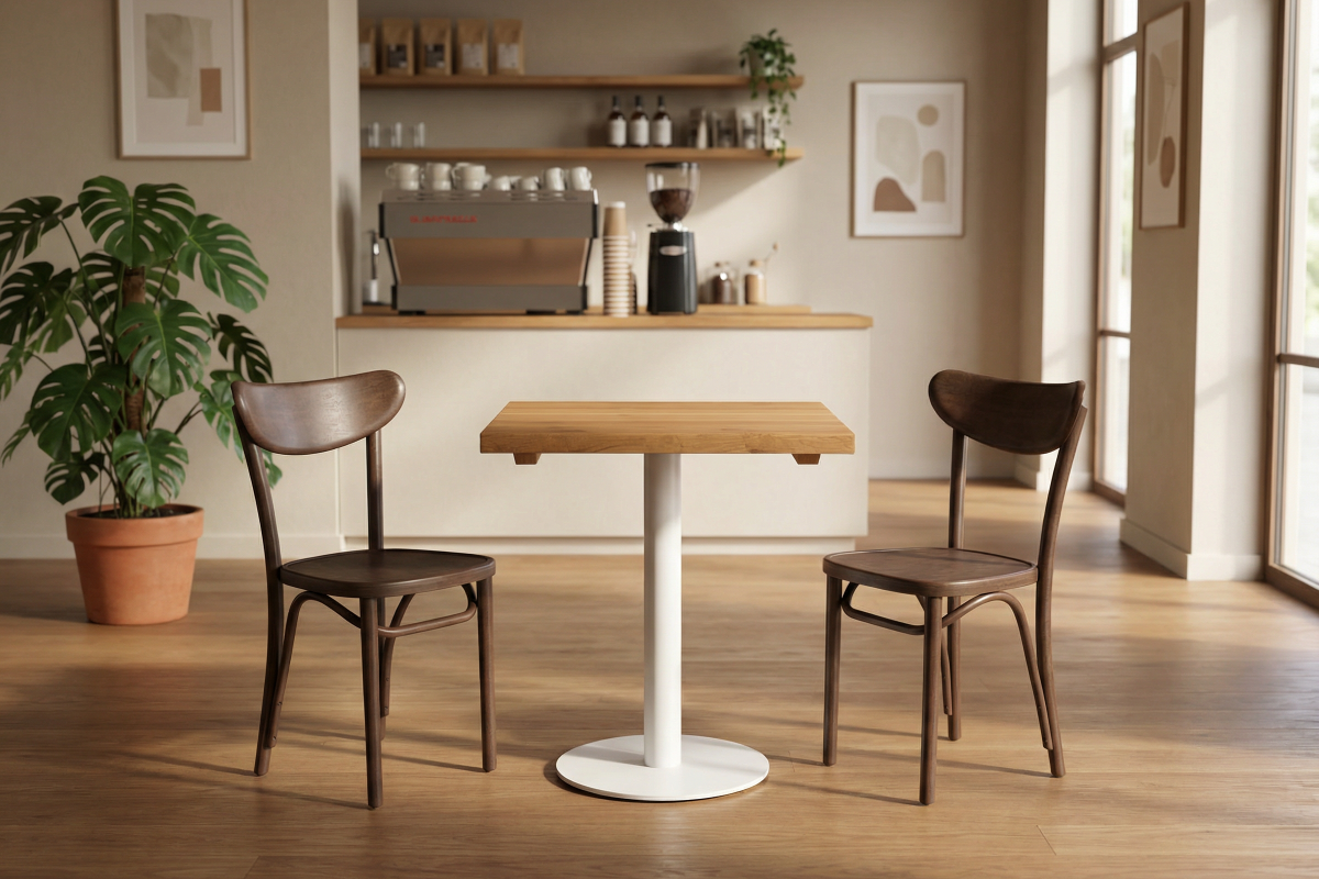 Krzesła gięte Boomerang orzech ze stolikiem Alfa R białym z blatem dębowym w aranżacji w kawiarni